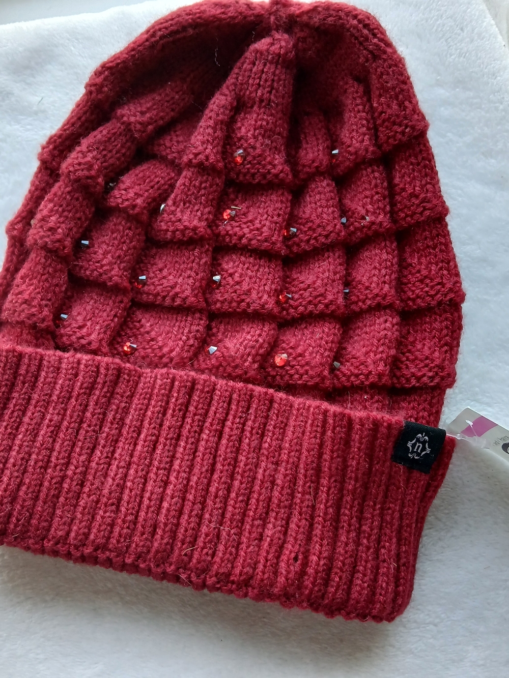 Nanette Lepore Garnet Red Quilted Crystal Studded Knit Beanie [NWT]